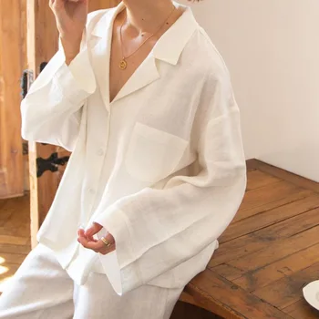 NHKDSASA Pijamas de Algodão De 2023 Casa Terno Para as Mulheres Com os Conjuntos de Calças Soltas Completo Mangas Pijama Único Breasted Homewear Pijamas