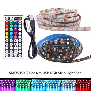 5M RGB LED Strip Conjunto de 5V USB Flexível LED Fita SMD 5050 30Leds/m Impermeável Luzes LED Preto/Branco PCB IR 44Key Controle Remoto