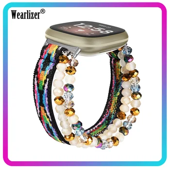 Wearlizer Elástico Faixa de Relógio Com Frisado para o Fitbit Versa 3 Mulheres Ajustável em Nylon Bracelete pulseiras para Fitbit Sentido de Faixa de Relógio