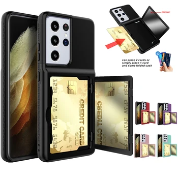 Armadura Slide Card Case Para Samsung Galaxy S21 Ultra Plus Slot Para Cartão De Carteira Espelho De Maquilhagem Volta Capa Flip Para Samsung Ultra-S21