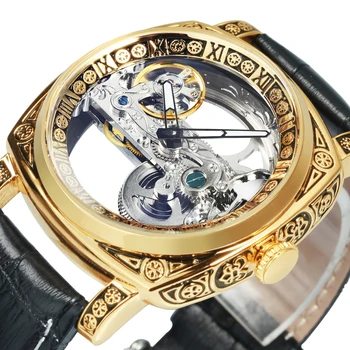 Forsining Quadrado Transparente Esqueleto de relógios para Homens Vintage Gravado Mecânico Automático de Relógios de Luxo Cinto de Couro Luminosa