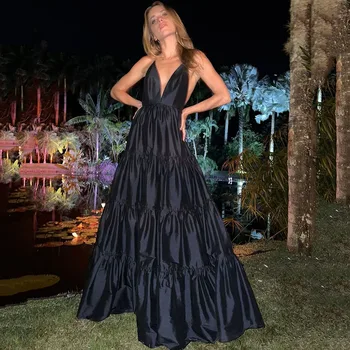 Eeqasn Preto De Tafetá De Dubai A Noite Vestidos De Festa Sexy V-Pescoço Saia Em Camadas Formal, Baile, Vestidos De 2022 Mulheres +Longo Vestido De Banquete