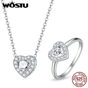 WOSTU S925 Prata Elegante Coração Brilhante Zirconia Anel e Colar de Conjuntos de Jóias Para as Mulheres Adoram Jóias de Moda S231