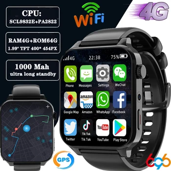 2022 Nova RAM de 4GB ROM 64GB 1.99 Polegadas 4G Chamada de Smart Watch GPS Wifi, Câmera Dupla Heartrate Testes Impermeável Esportes Homens Smartwatch