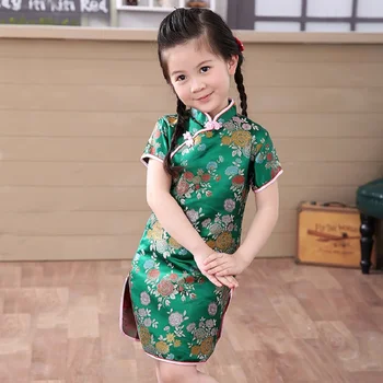 2020 Verde Chinês Vestido Da Menina De Crianças Qipao Chi-Pao Cheongsam Dom Roupas De Crianças De Vestuário, Roupas De Menina Floral De Ano Novo