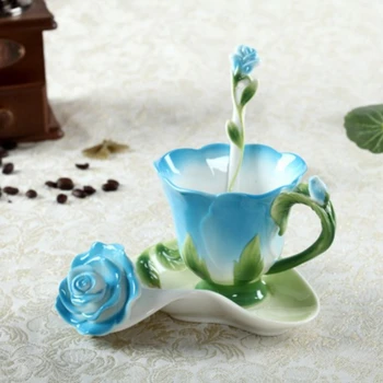 Xícara e Pires Conjunto de Cerâmica, Canecas de Café Criativo 3D Rose Forma de Flor Xícaras Pastoral 4 Cores Buffet de Copos de Leite com uma Colher de Caneca
