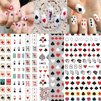 1 Folha 10*8cm de Poker em Forma de Nail Art Design Auto-Adesivas de Jogar Cartas Coração de Diamante Espadas Carta Geométricas Decalques
