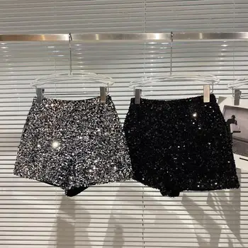 2022 Za de Moda de Nova Cheia de Lantejoulas Brilhantes Pesado Zíper Boate Senhoras de Três pontos, Shorts Hot Pants Mulheres Sexy Harajuku Casual