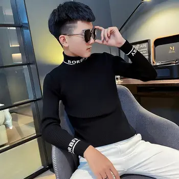 Sweater dos homens da alta gola de inverno de nova camisola coreano corpo magro inferior camisa preta camisola tendência camisola camisola