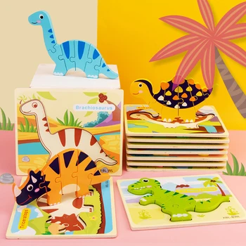 Dinossauro Serie Montessori Brinquedos de Madeira Puzzle Animais 3D quebra-Cabeças Para Crianças Educativos Brinquedos de Madeira Montessori de Quebra-cabeça Jigsaw