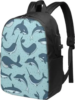 Bonito Mar Feliz Baleias Criaturas Cartoon Mochila Escolar Bookbag para Adolescentes de 17 Polegadas de Viagem Backpack do Laptop com Porta Usb de Carregamento