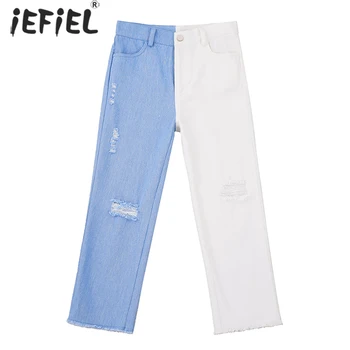 Adolescentes Meninas Jeans Outono Casual Rasgado Solto Azul Branco Patchwork de Jeans de Pernas Largas Calças de Crianças de uma Escola Calças de 4 14Year