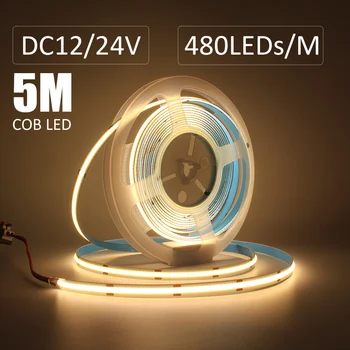 COB LED Faixa de Luz da C.C. 24V 12V 5M 480 LEDs/m, de 8 mm de Dimmable FOB Flexível Fita Fita de Alta Densidade RA90 Branco 3000K 4000K 6000K