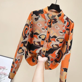 2023 Verão de Moda de Nova colcha de Retalhos Mancha Laranja, Camisa de Manga Longa virada para Baixo de Gola de Blusa Estilo coreano Camisa Casual para as mulheres