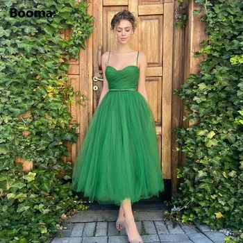 Booma Simples Verde Midi De Tule Vestidos De Baile, Com Alças Finas, Chá-Comprimento De Uma Linha-Festa De Casamento Vestidos De 2022 Curto Vestidos De Noite