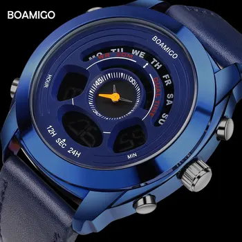 BOAMIGO Marca de Esportes dos Homens Relógios de homem de Couro azul Digital do DIODO emissor de Relógios de pulso de Quartzo Resistente à Água 30m Dom Relógio Reloj Hombre