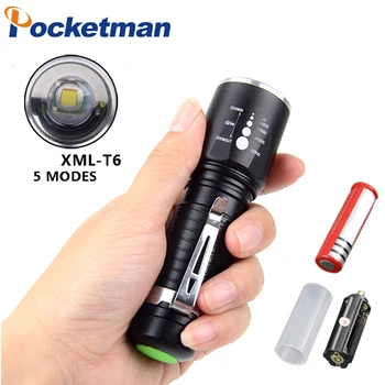 Portátil de Bolso, Lanterna T6 LED Lanternas 5 Modos de comutação Zoomable Lanterna Impermeável Tocha Usam 18650 Bateria