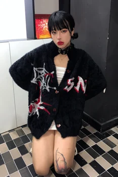 Harajuku Camisola Único Breasted Mulheres De Pescoço De V De Teia De Aranha Bordados Abertos Ponto Subcultura Gótica, Punk Meninas Blusas Casacos De Malha