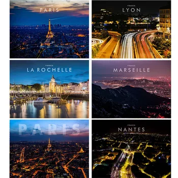 França, Paris, Lyon, Marselha, Toulouse Noite Da Cidade Vista De Viagem Cartaz Tela De Pintura, Sala De Estar Decoração De Casa, Decoração De Imagem