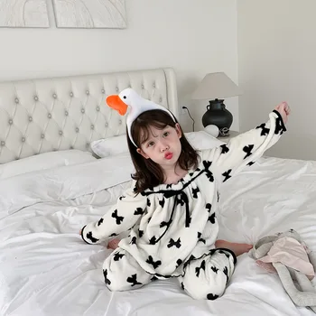 Moda Bowknot Flanela Meninas De Pijama Conjuntos De 2021 Outono Inverno Engrossar Quente E Confortável, Crianças Pijamas De 2 A 8 Anos De Idade