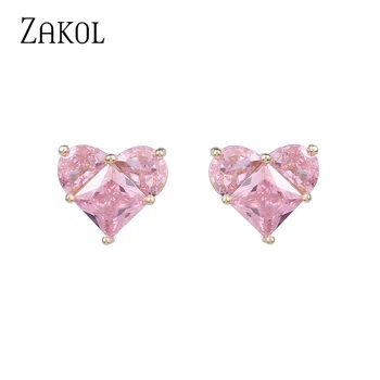 ZAKOL Temperamento Doce Bonito Pequeno Coração Brincos AAA cor-de-Rosa Azul Cúbicos de Zircônia Cristal Acessórios de Jóias para Mulheres Meninas