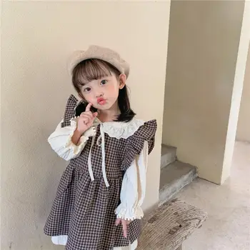 Japão Coreano Bebê Meninas Os Vestidos Xadrez Crianças Vintage De Duas Peças De Roupas De Algodão De Crianças Vestido De Princesa Crianças De Aniversário Frocks