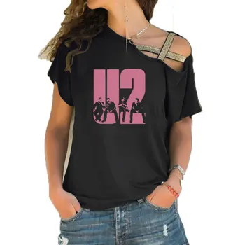 Nova Verão Linda U2 banda de impressão de T-Shirt Mulher Manga Curta Hip Hop e Rock de Meninas T-shirt Irregular de Inclinação Transversal Curativo Tee Tops