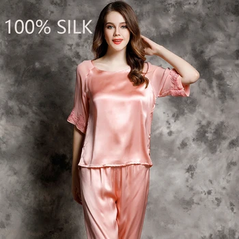 2022 Verão 100% Seda do Pijama Senhoras Sexy Pescoço Redondo Médio Luva de Seda Mulberry Homewear Terno de Seda, Duas peças de Mulheres Terno de Verão