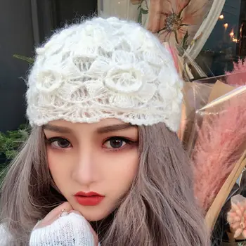 Nova Moda Crochê Flor de Inverno Quente Senhoras Soft Malha Chapéu de Gorro de Malha Malha de Camada Dupla Boina Chapéu ZZ-402