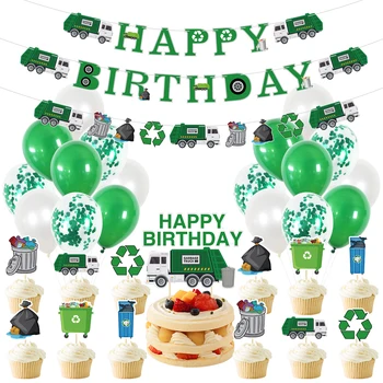 JOYMEMO Verde Caminhão de Lixo Tema de Látex Confete Balão Conjunto de Feliz Aniversário Banner Bolo Topper para o Aniversário Tema Fornecimentos de Terceiros