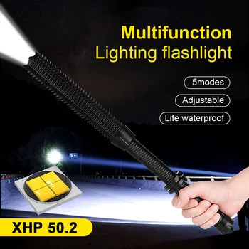 Alta potência Tático Taco de Beisebol LED T6 Lanterna Auto-defesa XHP50.2 Tocha De Luz Do Flash 5 Modo De Usar 18650 Bateria Recarregável