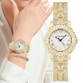 Luxo Diamante Incrustado Mulheres Relógios De Ouro De Moda Para Senhoras Quartzo Relógio De Pulso 2022 Marca Roma Relógio Pulseira De Aço Inoxidável