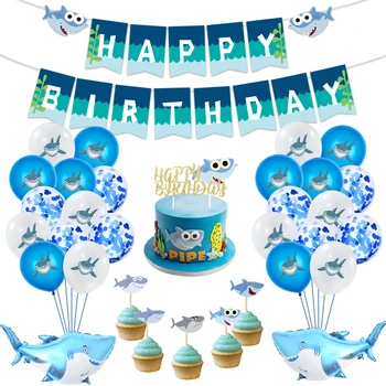 Tubarão Festa De Aniversário De Suprimentos De Tubarão Azul Folha De Balão De Aniversário Banner Bolo Topper Engraçado Festa De Aniversário, Decoração Para Crianças