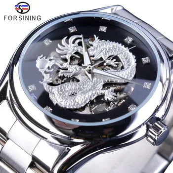 Forsining Clássico Dragon Design De Aço Inoxidável De Prata Diamante Exibir Os Homens Automático De Pulso Relógios De Marca Top De Luxo Montre Homme
