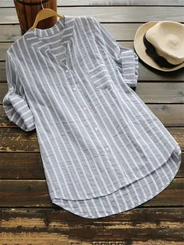 Moda das Mulheres Blusas 2022 Elegante de Verão Feminino Camisas Casuais V-pescoço Listrado de Sete manga de Camisa Juventude Mulher Blusas
