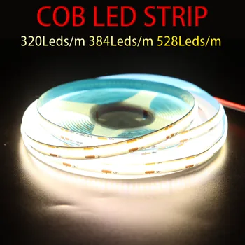 COB LED Faixa de 320 384 528 LEDs/m, de Alta Densidade Flexível Luzes LED DC12V/24V RA90 6000K 3000K 4000K Fita LED 5m/Monte