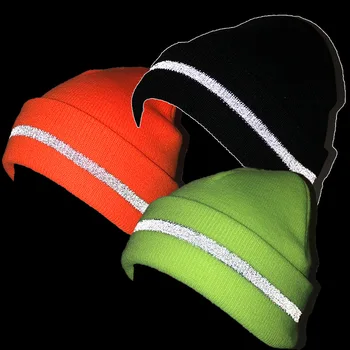 Unisex Faixa Reflexiva Malha Chapéus Beanies Luminoso Exterior, Ciclismo, Esqui Quente Caps Mulheres Homens Outono Inverno Chapéus Ocasionais Bonnet