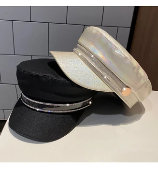 202101-daifa primavera brilho Metálico tecido strass Transparente do PVC de moda senhora de lazer Octogonal chapéu de mulheres palas de boné