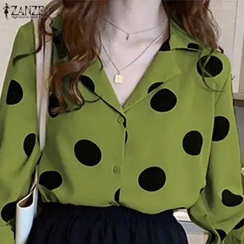 ZANZEA Mulher Elegante Polka Dot Impresso Blusa Outono Vintage Camisa Verde Casual Lapela Pescoço Longo da Luva OL Trabalho Blusas Chiques Tops