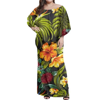Impressão De Flor De Mulheres Sensuais Dividir Vestido Longo Super Suave Tecido Elástico Polinésia Tribal Design Feminina Manga Curta Vestido