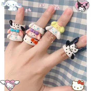 Pedra De Argila Plástica Feito A Mão De Hello Kitty Anel De Diy Sanrios Cartoon Doce Kawaii Girl Kuromi Melodia Namorada Par De Jóias De Presente