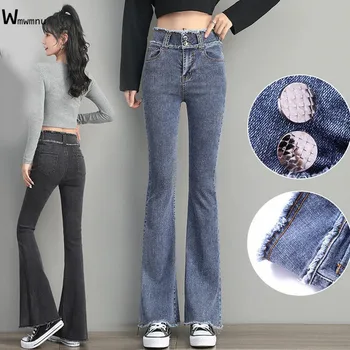 Streetwear Cintura Alta Jeans Flare Mulheres coreano Moda ajuste Fino de boca-de-Sino, Calças de Borla Calças Jeans vintage Jeans Skinny