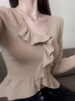 Elegante Malha Camisolas Mulheres Casual Manga Longa Y2k Roupa Elegante Blusa Senhora Do Escritório Coreano Estilo Fino De Camisas De Outono 2022