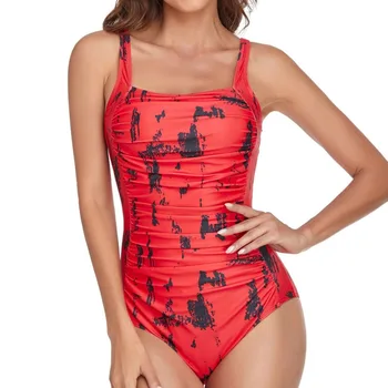 Vermelho Impressão de Uma Peça de moda praia Plus Size Feminina Grande Maiôs de Corpo Fechado roupa de Banho Para a Piscina Beachwear Mulheres fato de banho