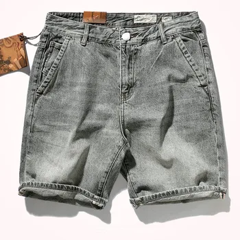 2021 de Verão da New American Retro Shorts Jeans Moda masculina Capris Lavagem Velho Gato Barba Meio de Cintura Reta do Joelho Comprimento de Calças