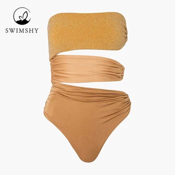 Ouro sem Alças de Corte de Uma peça de roupas de banho Sexy Holllow fora Biquínis Slim Swimwear das Mulheres de maiô Equipamentos de Praia de Luxo 2022