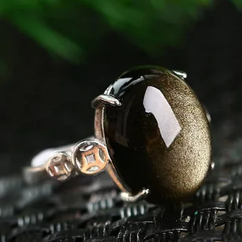 14mm Natural de Ouro Obsidiana Anel de Jóias Para Mulheres, Homens Prata 925 Sorte Cura de Cristal de Pedra de Quartzo Esferas Anel Ajustável AAAAA