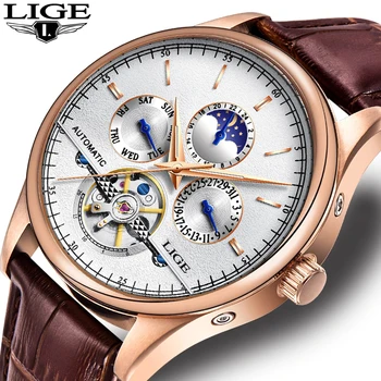 LIGE Relógio Mecânico dos Homens Turbilhão Automático Relógio de Luxo Vintage Relógios Mecânicos de Couro Clássico dos Homens de Moda relógio de Pulso