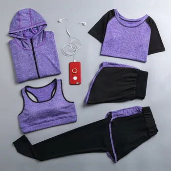 Venda quente mulheres seca rápido 5 conjunto de yoga jaqueta+t-shirt+bra+shorts+calça de ginástica mulheres a roupa de esportes execução terno conjuntos