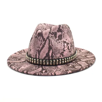 corrente de metal jazz chapéu fedora hat cobra impresso padrão de Cowboy Inverno Chapéu Fedora Grande Borda Para Homens Jazz Chapéu leapoard round top hat